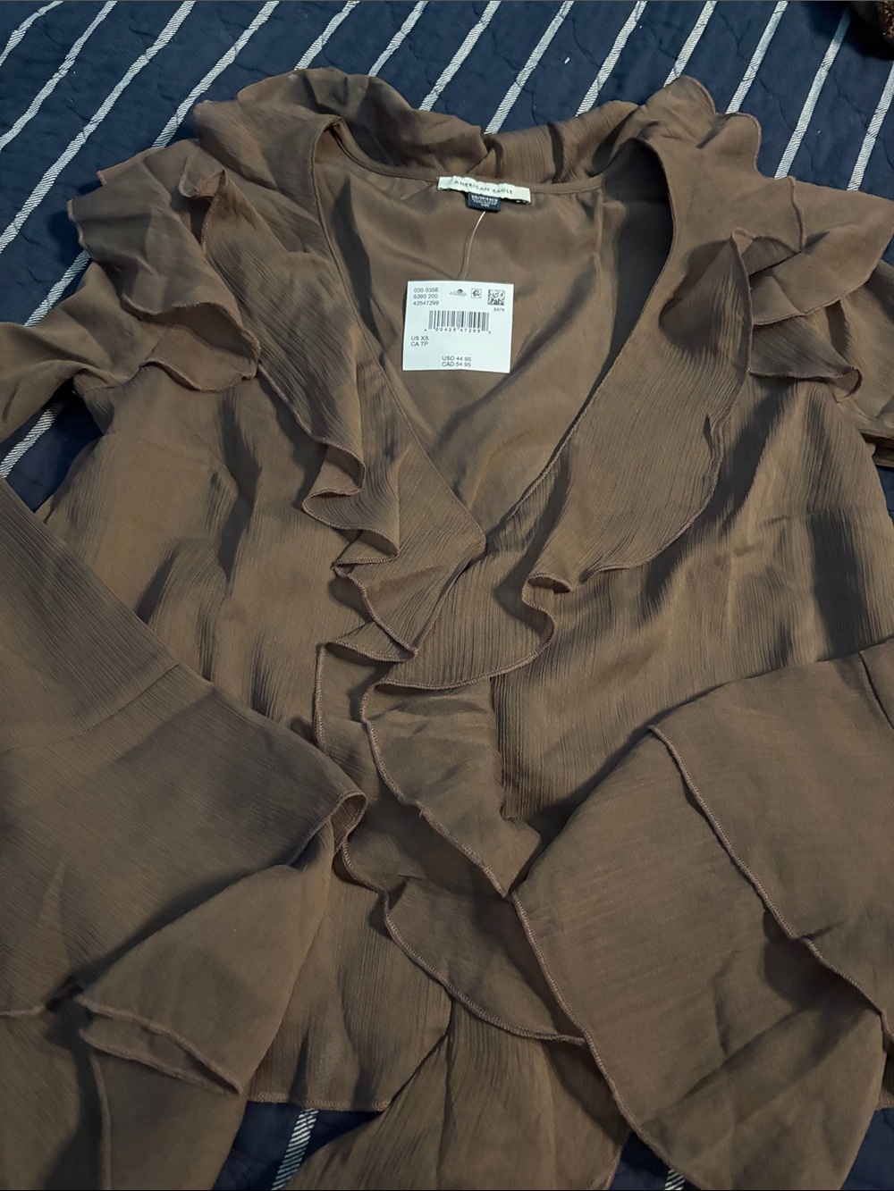 American Eagle Ruffled V-Neck Women’s Top — Brown
